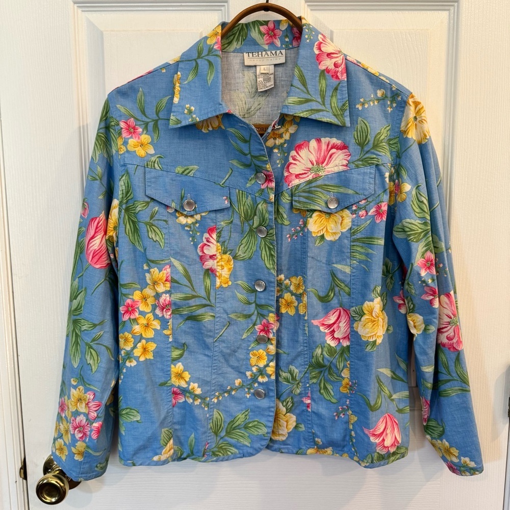 Tehama Nancy Haley Vintage Linen Blend Floral Jacket Blue Tropical Size Large